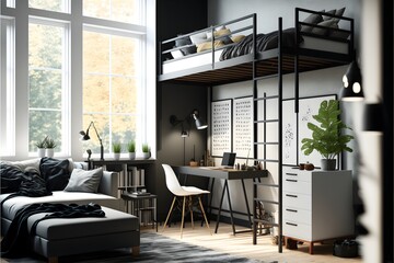 A high resolution living room, Teenagers beds ideas, generative ai, high ceiling and filled with warm black and white colour as the wall blend in with the design of the furniture.	