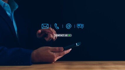 Contact us concept. Business man consulting customers who contact us, call center service, customer consulting service, email, hotline, business contact, digital online business, digital service.