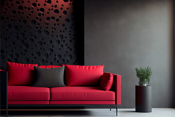 Luxury and modern living room interior, comfortable sofa,. Luxury lounge or reception, Dark grey, black, red and navy