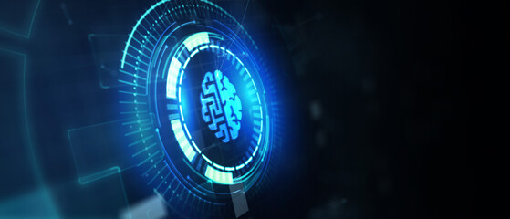 Artificial intelligence (AI), machine learning and modern computer technologies concepts. Business, Technology, Internet and network concept.  3d illustration