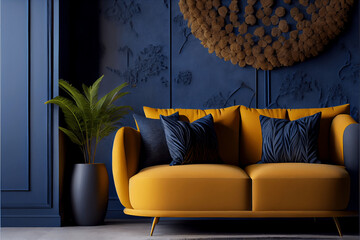 Luxury and modern living room interior, comfortable sofa,. Luxury lounge or reception, Blue and Yellow