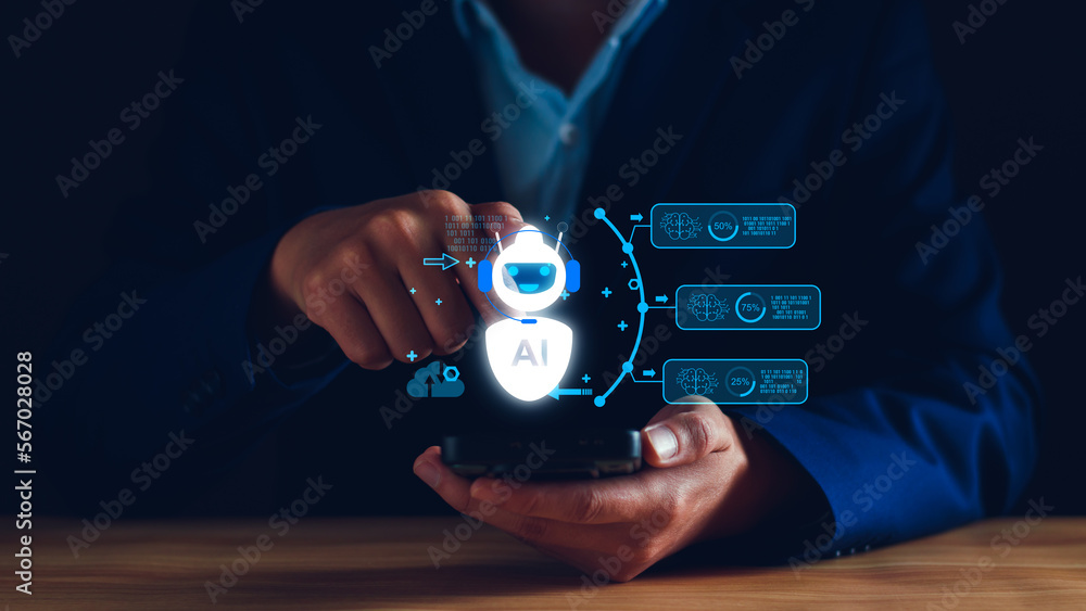Poster chatbot concept. open ai, artificial intelligence. businessman using technology smart robot ai, ente