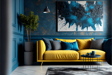 Luxury and modern living room interior, comfortable sofa,. Luxury lounge or reception, Blue and Yellow