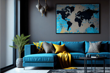 Luxury and modern living room interior, comfortable sofa,. Luxury lounge or reception, Blue and Yellow