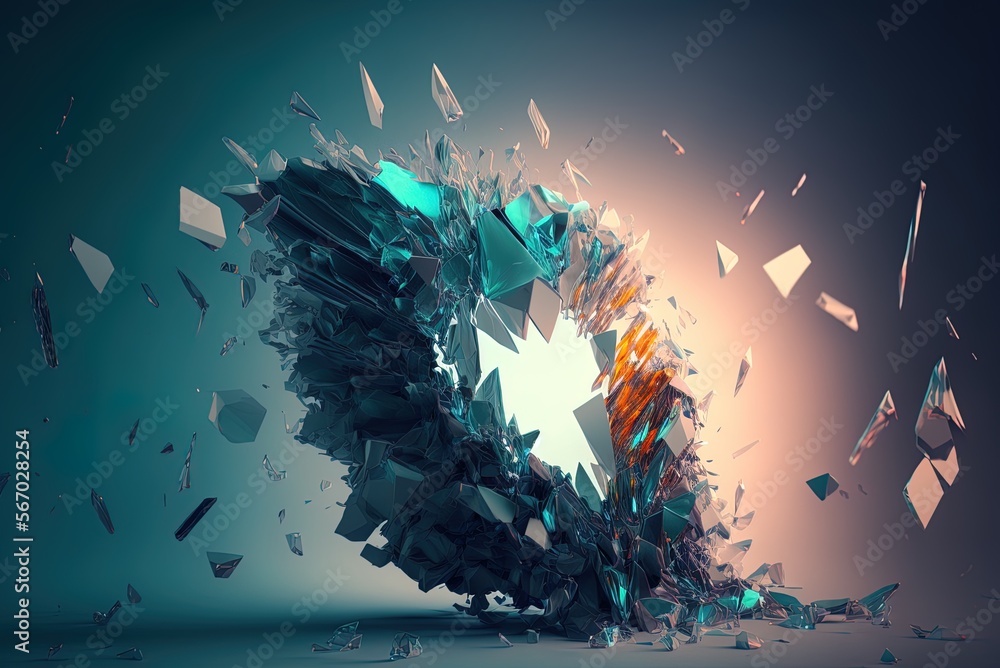 Poster a representation of shards of glass that have been abstracted. the glass wall shatters into tiny sha