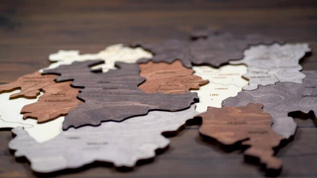 Elegant Wooden Swiss Map Wall Decor. Close Up. Switzerland