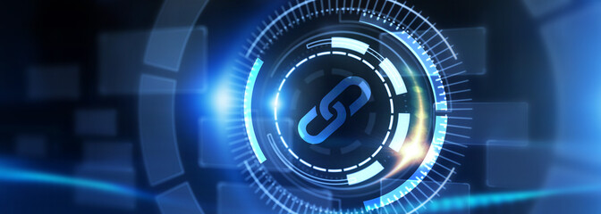 Chain Link icon on abstract blue background. Hyperlink chain symbol concept. 3d illustration