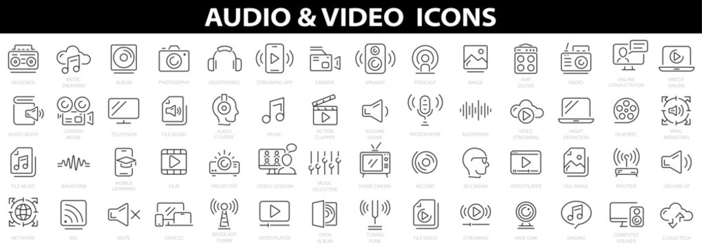 Audio Video icon set. Line icon collection set. Music, Cinema, File, Song, Movie and more. Simple vector icons. Vector illustration
