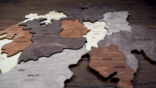 Elegant Wooden Swiss Map Wall Decor. Close Up. Switzerland