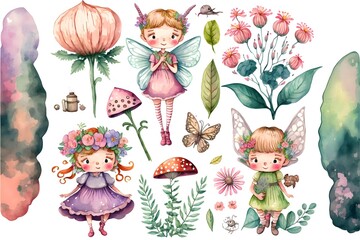 Set of colorful cute garden fairy. Beautiful fairy elements. generative  ai draw fairy, costume, mystery, happy, painted