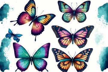 Fototapeta na wymiar Set of colorful flying butterflies. generative ai, Beautiful watercolor Set 