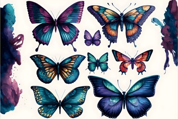 Fototapeta na wymiar Set of colorful flying butterflies. generative ai, Beautiful watercolor Set 