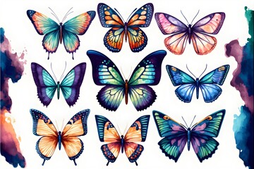 Set of colorful flying butterflies. generative ai, Beautiful watercolor Set 