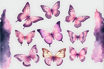Plakat ピンクの飛ぶ蝶のセット。 generative ai、美しい水彩セット