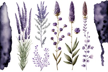 Set of purple lavender. Beautiful floral elements, generative ai graphic, pattern, color, card, illustration, purple, violet, harvest