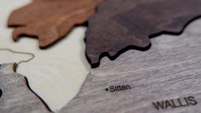Elegant Wooden Swiss Map Wall Decor. Close Up. Switzerland.