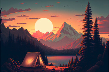 Tent set up in the mountains, as the sun rises in the background, capturing the spirit of adventure. Generative AI