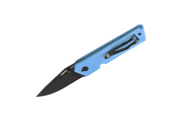 Pocket folding knife isolate on white back. Compact metal sharp knife with a folding blade.