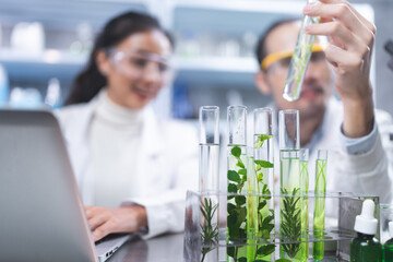eco skin care beauty products in laboratory development concept, Natural drug research with organic...