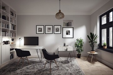 mock up poster frame in boho interior background, wooden living room design, Scandinavian style. Generative AI illustration