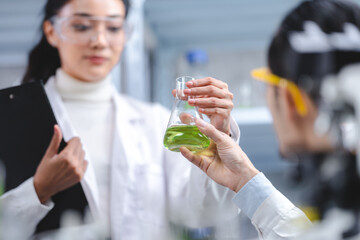 eco skin care beauty products in laboratory development concept, Natural drug research with organic plants and scientific extraction in glassware, Alternative green herb medicine for body health care