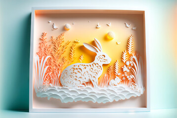 Paper cut background with rabbit and Easter eggs. Intricate details. Generative AI 