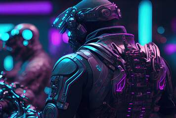Fototapeta na wymiar Reunion of men team squad in cyberpunk city. Sci-fi and Futuristics concept. Generative AI