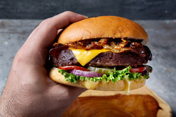 Cheeseburger sandwich with caramelized onion on a fresh bun