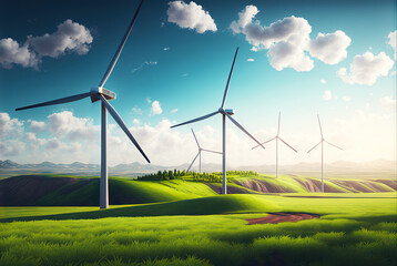 Landscape with windmills. Renewable electricity technology. Generative AI