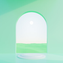 3d illustration of pedestal podium with sky and sand background, showcase of beauty and cosmetics product.