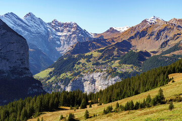 Pine forest and alpine peaks bracket a small village in the distance