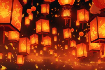 Chinese temples have lighted paper lanterns suspended from the roof for the Chinese New Year of the Water Rabbit. festive celebration is enhanced by the illuminated bamboo and rice paper decorations.