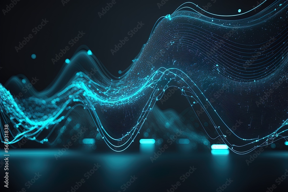 Poster blue lines and dots on a polygonal wave backdrop, used as a connection structure in a computer hud. 