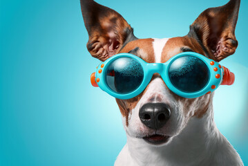 Fototapeta na wymiar Puppy dog summer concept wearing toy sunglasses. Isolated on blue background. Generative ai