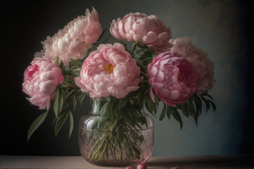 Bouquet of peonies in a glass vase. Generative AI - 567032246