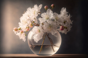 Bouquet of cherry blossom flowers in a glass vase. Generative AI - 567032251