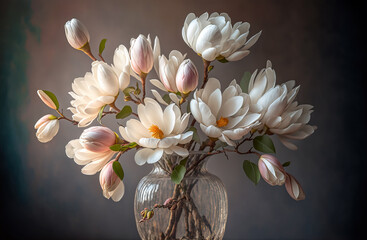 Bouquet of magnolia flowers in a glass vase. Generative AI - 567032268