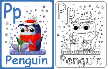 Kids ABC cards. Letter study set, english alphabet with food, animals and fairy tale characters cartoon.coloring book. Letter Pp