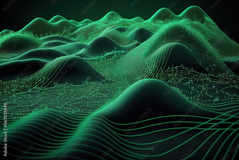 Poster nature-inspired abstract backdrop waves of green lines and dots represent the movement of cyberspace