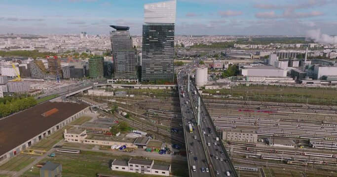 Wide view of the most visited city in France. Parisian streets and rooftops in Paris. Drone flight through the most beautiful city in the world in the summer at sunset