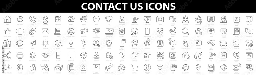 Poster set of 100 contact us web icons. contact us and support line icons collection. big ui icon set. chat