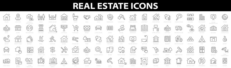 Real Estate 100 line icons. Big UI icon set. Included the icons as realty, property, mortgage, home and more. Thin outline icons pack. Vector illustration - obrazy, fototapety, plakaty