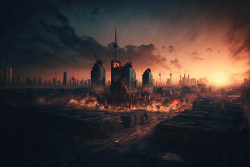 Naklejka premium Abandoned Berlin City in the future. Empty roads and a dystopian atmosphere in a post-apocalyptic Germany - Generative AI 