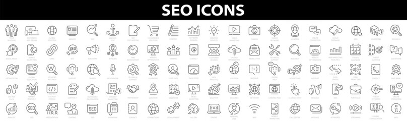 Seo 100 icon set. Search Engine Optimization. Business and marketing, traffic, ranking, optimization, link and keyword. Thin line web icon collection. Simple vector illustration.