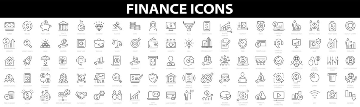 Vector Business And Finance 100 Icon Set. Money, Finance, Payments, Bank, Check, Law, Auction, Exchance, Payment, Wallet, Deposit, Piggy, Calculator, Web And More. Thin Outline Icons Pack