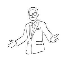 line art businessman with glasses spreading hands illustration vector hand drawn isolated on white background