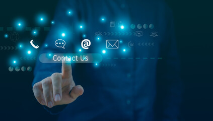 Hand touch on contact us bar icon for customer feedback, online help service by mobile phone, web, mail, internet and call symbol. Social marketing connection on cyberspace by email, website address.