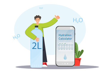Mobile app for counting drinking water, man holding a bottle of water, water balance per day, scheduling health, healthy lifestyle concept, flat vector illustration