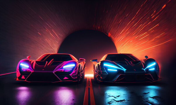 Two supercars racing in neon light tunnel. Generative AI.