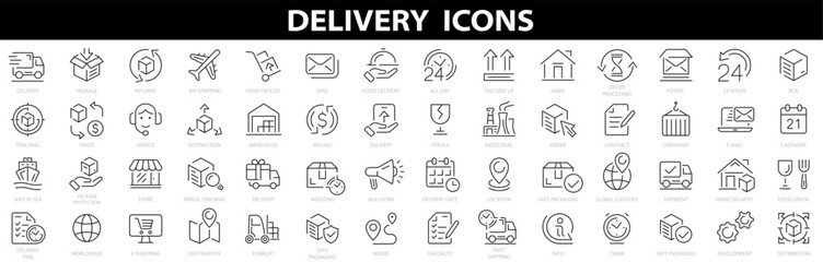 Delivery, shipping, logistics icon set. Outline icons collection. Containing order tracking, delivery home, warehouse, truck, scooter, courier and cargo icons.Shipping icon collection. Vector - obrazy, fototapety, plakaty